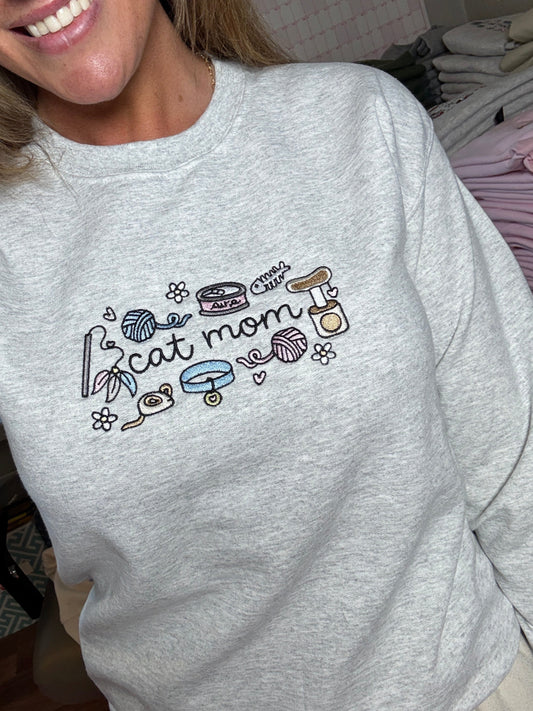 Cat Mom Embroidered Crewneck by Sawdust and Cedar