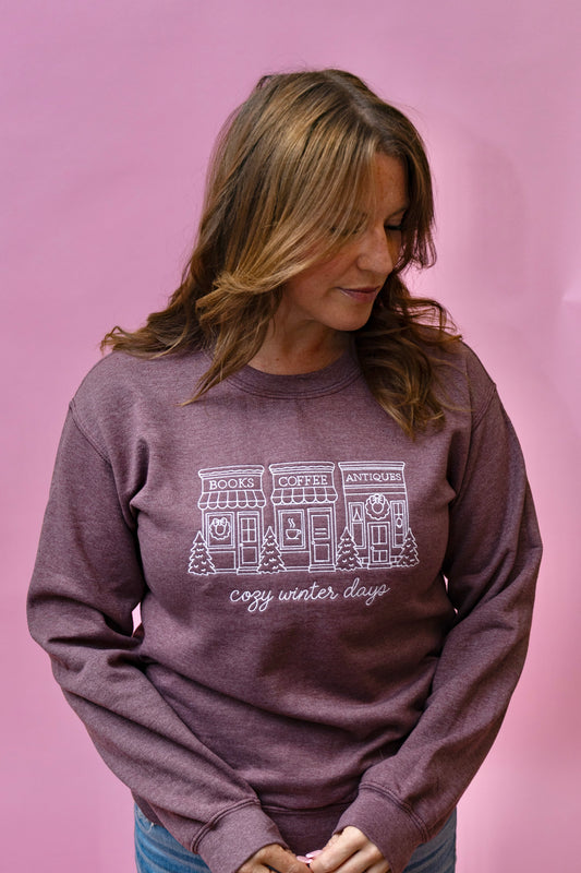 Books, Coffee, Antiques Winter Embroidered Crewneck