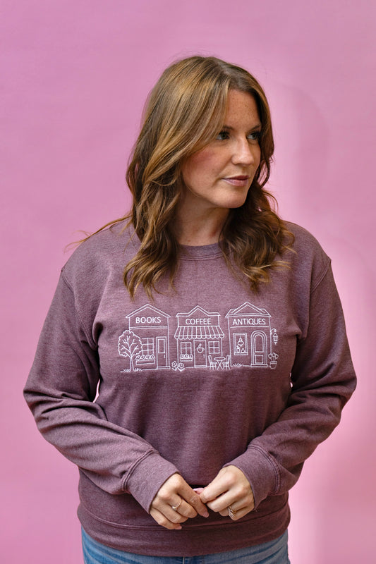Books, Coffee, Antiques Summer Embroidered Crewneck