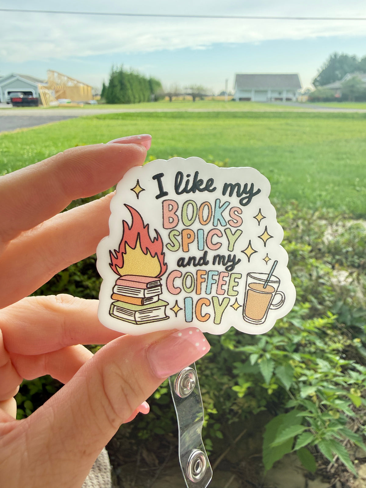 Books Spicy Coffee Icy Badge Reel