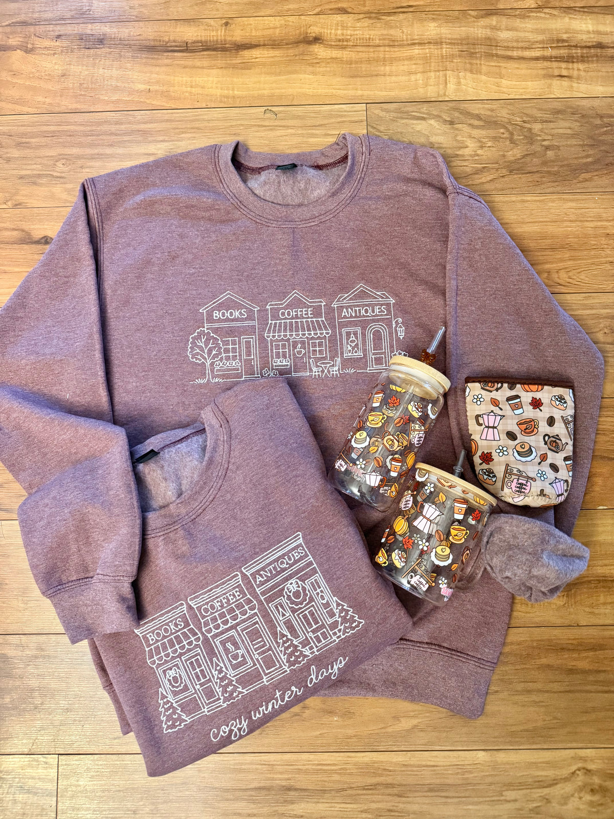 Books, Coffee, Antiques Summer Embroidered Crewneck
