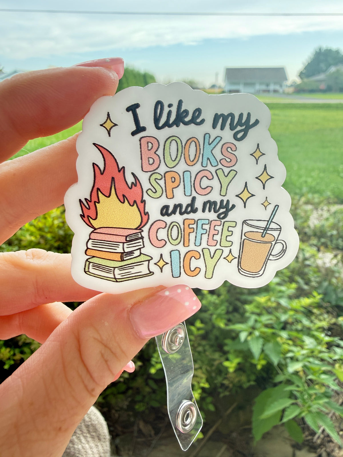 Books Spicy Coffee Icy Badge Reel