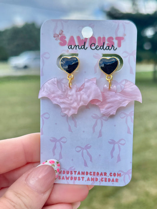Pink Bat Heart Stud Earrings