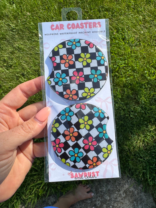 Retro Floral Vibes Car Coaster
