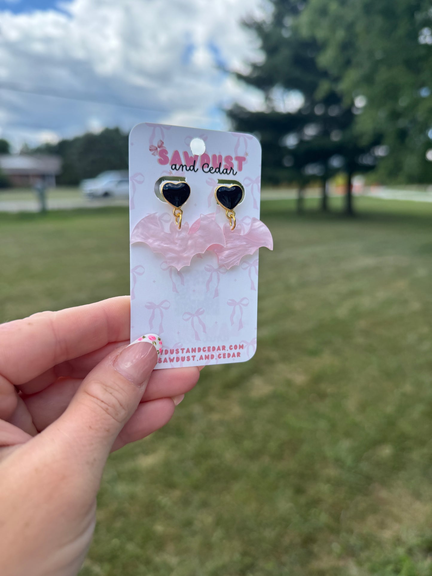 Pink Bat Heart Stud Earrings